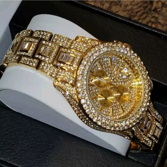 Men's Fully Covered Iced Goldplated Simulated Diamond Quartz Waterproof Watch - Picture 2 of 12